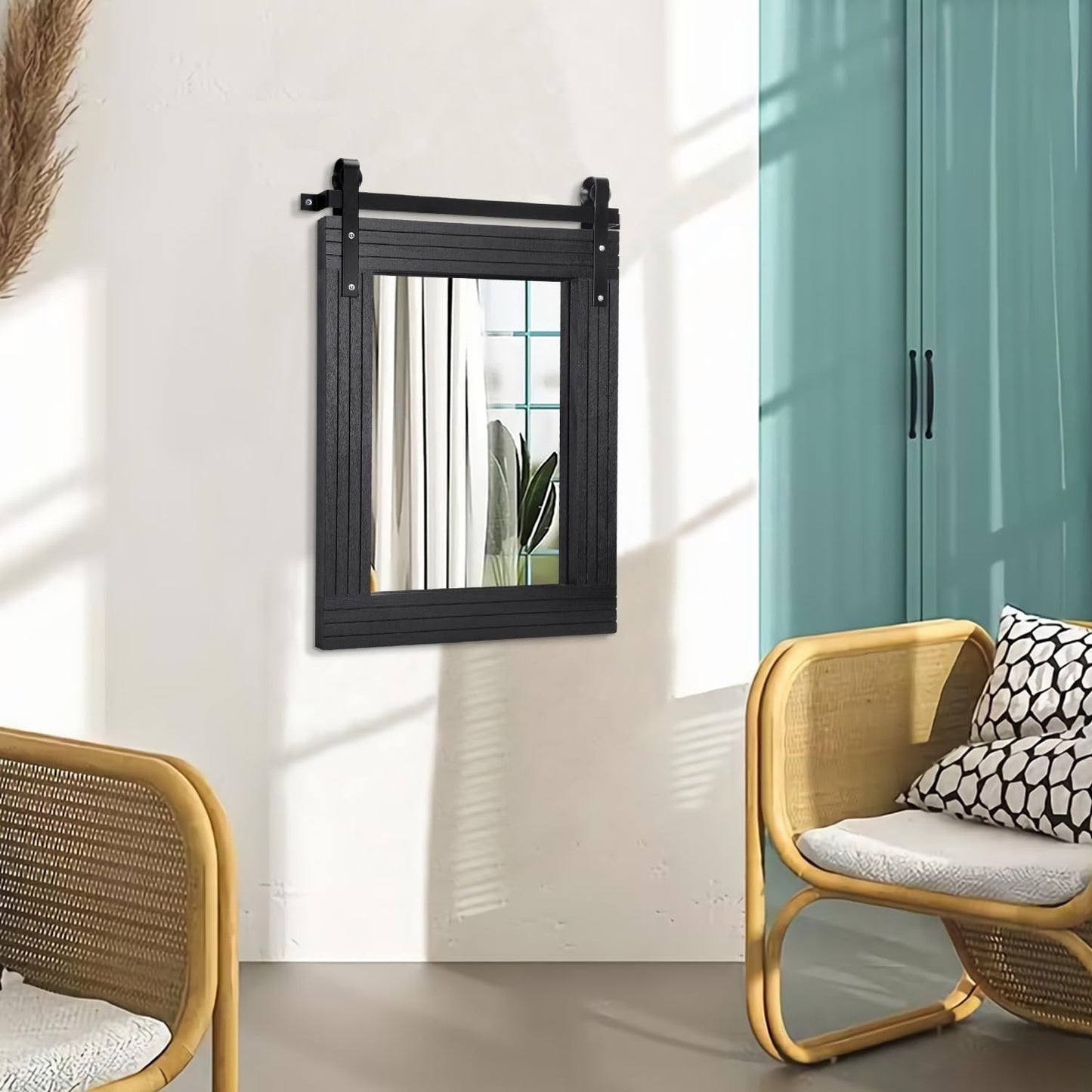 Large Black Framed Rectangle Wall Mirror - Barn Door Style for Bathroom, Bedroom3