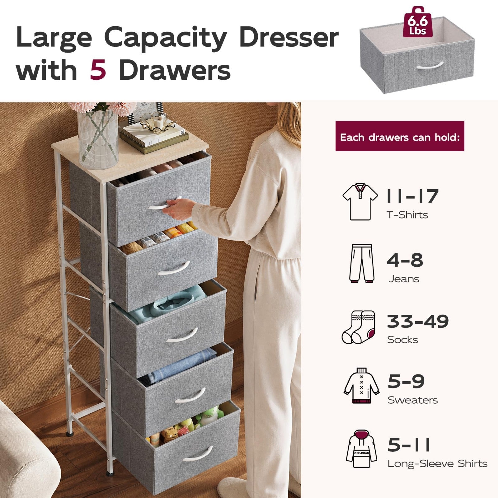 Tall Dresser for Bedroom - 5 Drawer Vertical Chest, Light Grey Fabric Storage, S5
