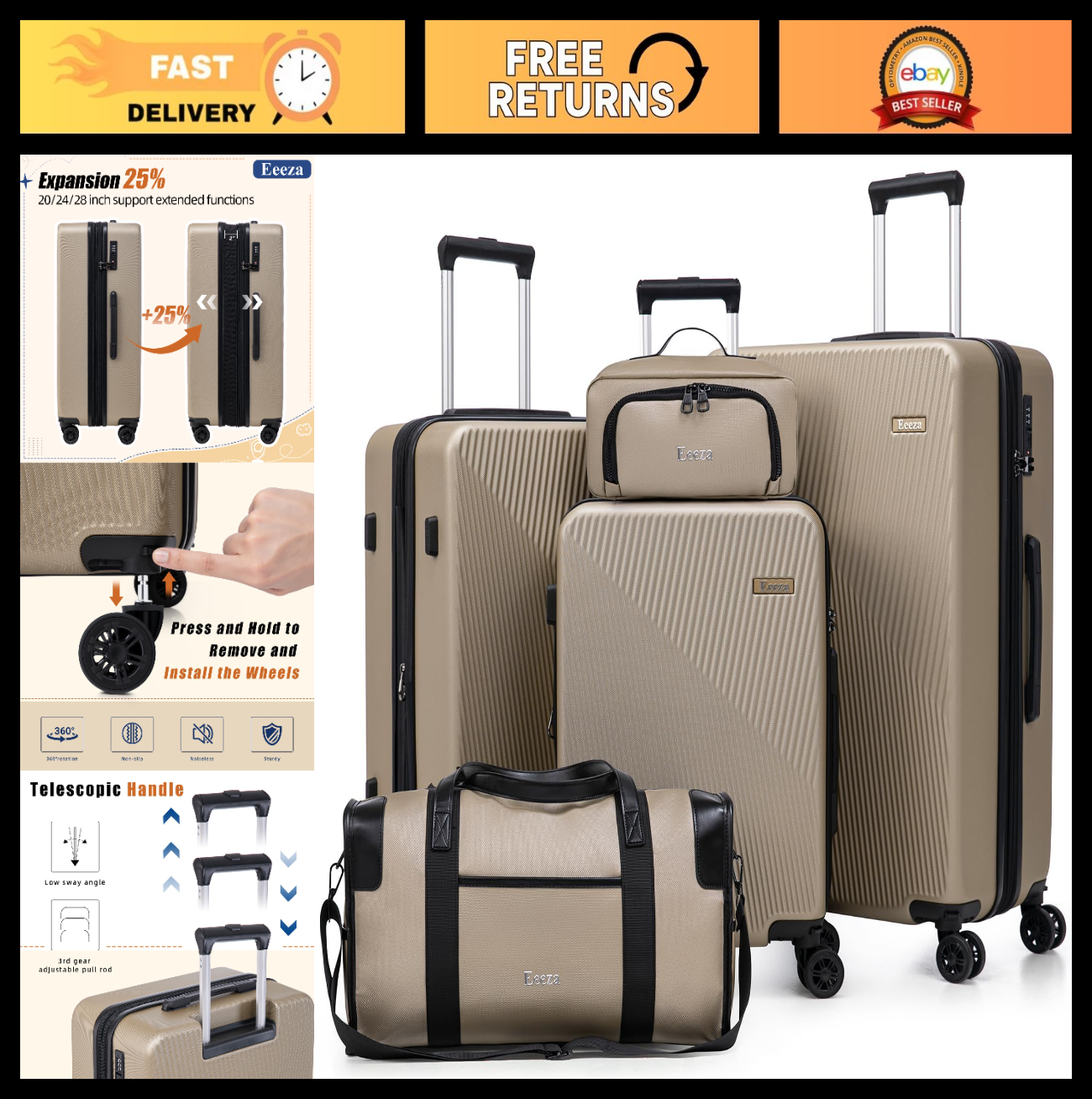 5-Piece Hardshell Luggage Set with TSA Lock, Spinner Wheels, Water-Repellent, 200