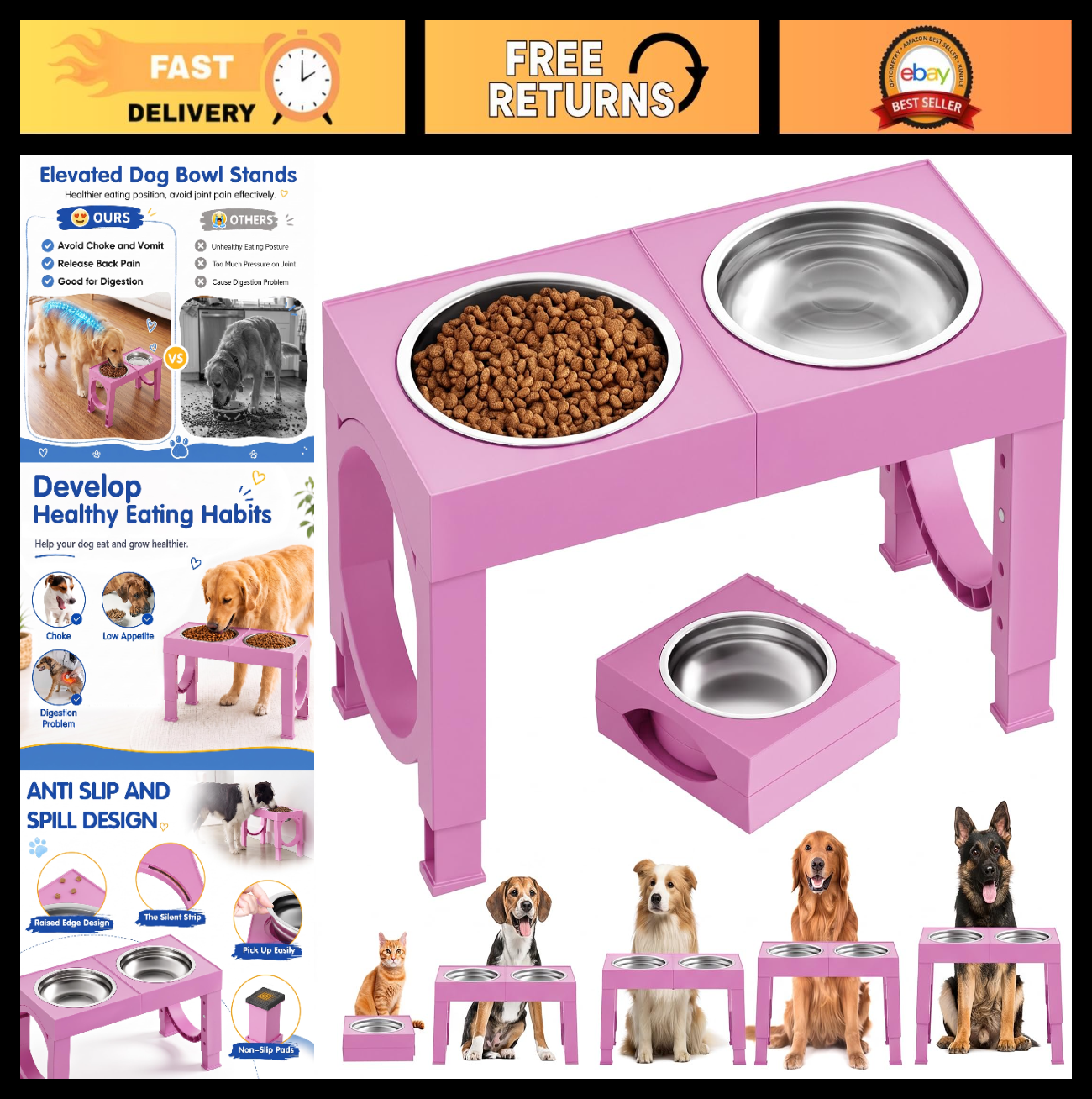Elevated Dog Bowls for Large Breeds   Adjustable Stainless Steel Feeder Stand, 50