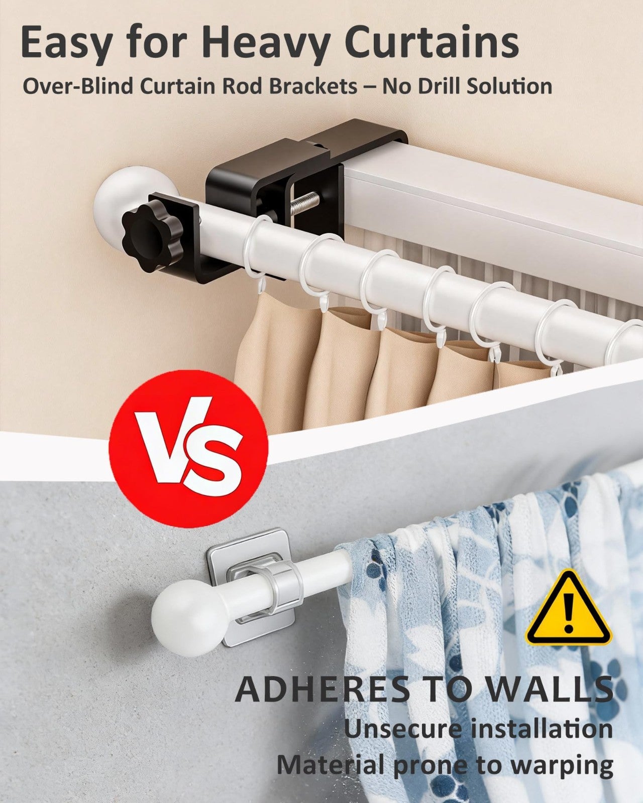 No Drill Curtain Rod Brackets for Outside-Mount Blinds, Tool-Free Holders, 3 Pac2