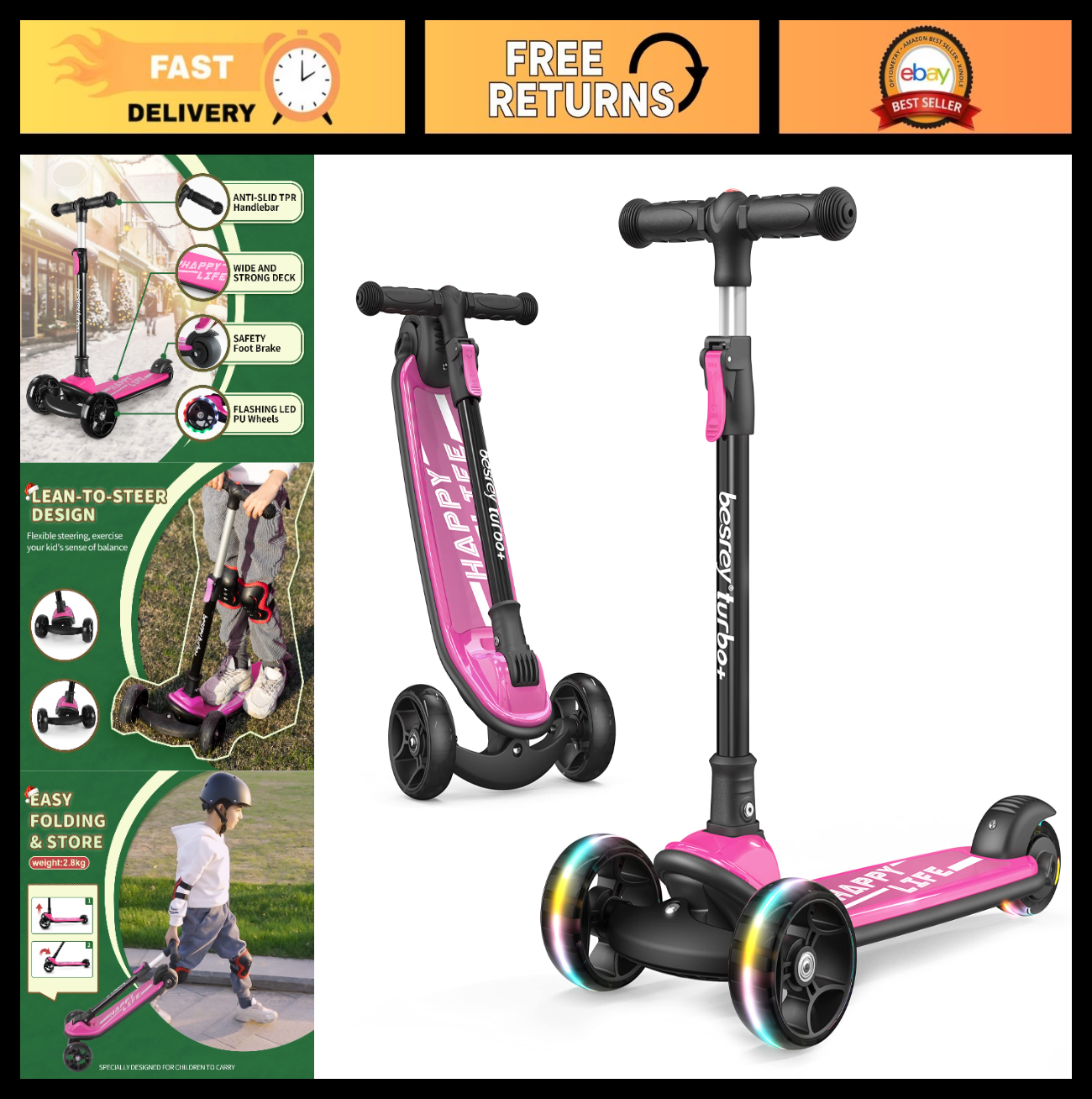 3-Wheel Kids Scooter Ages 3-10, Adjustable Height, Safe & Durable Design0