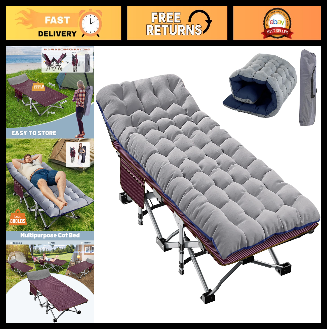 Folding Camping Cot for Adults, 28" Wide, 880 lbs Capacity, Padded with Carry Ba0