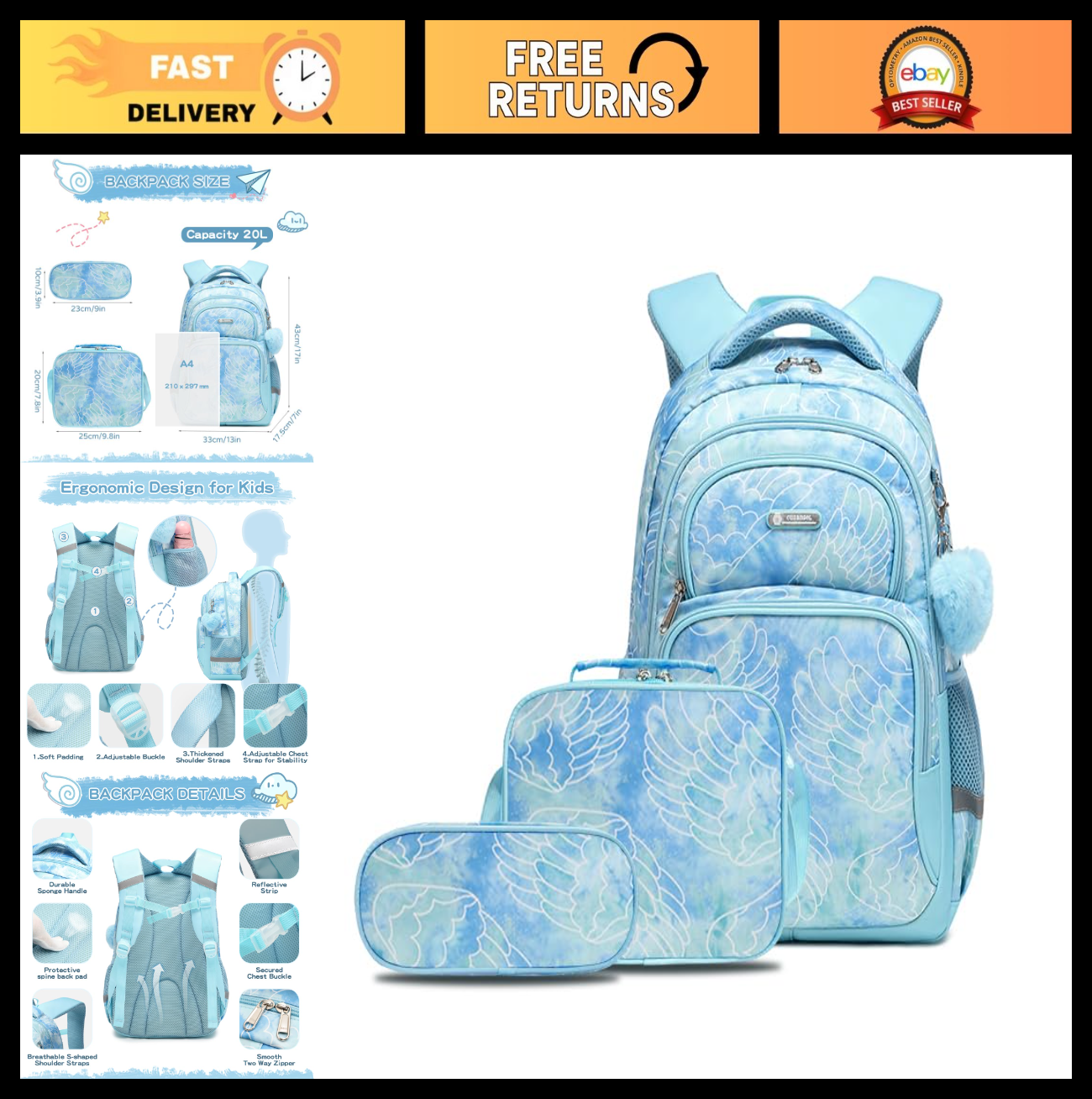 Girls Kids Backpack with Lunch Box for School, 17" Bookbag for Ages 7 12, Durabl0