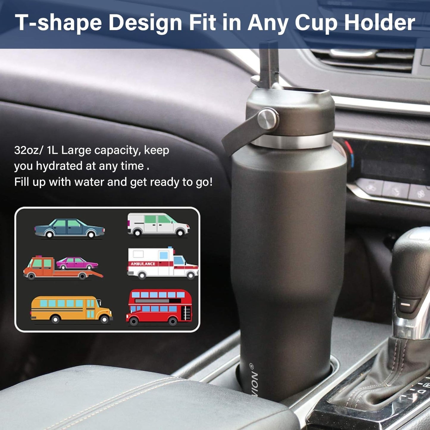 Insulated 40 oz Water Bottle with Straw - Fits Car Cup Holder, Leakproof Travel5