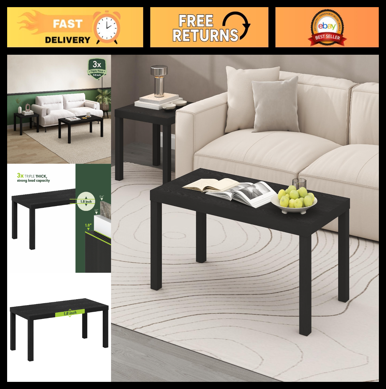 Modern Rectangle Coffee Table - 1.8" Thick Top, Stylish Side Table for Living Ro0