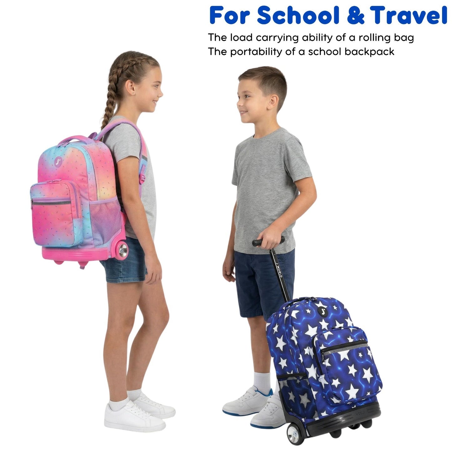 Kids Rolling Backpack with Wheels, 18" Bookbag for School, Puffy Star Design, Un5