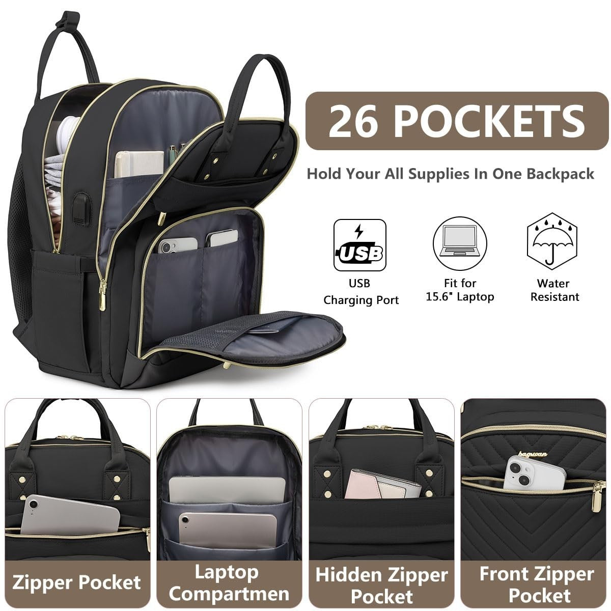 Stylish 15.6" Laptop Backpack for Women   Waterproof Travel Work Bag with USB Ch2