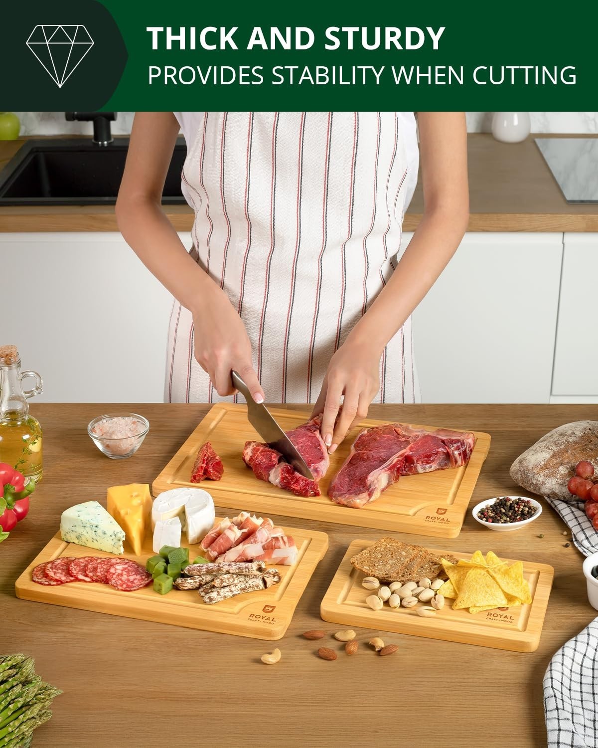 Wooden Cutting Boards Set   Bamboo Kitchen Prep & Serving Board with Juice Groov8