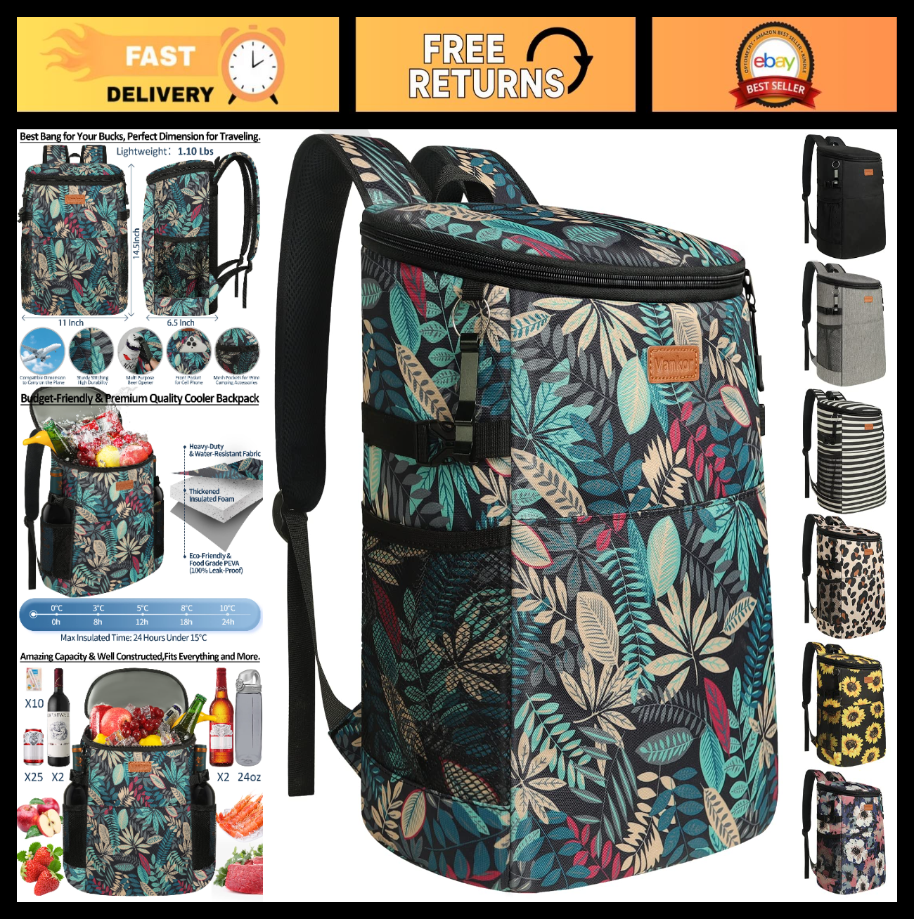 Insulated Camping Cooler Backpack - Holds 30-45 Cans, Waterproof & Leak Proof, I0