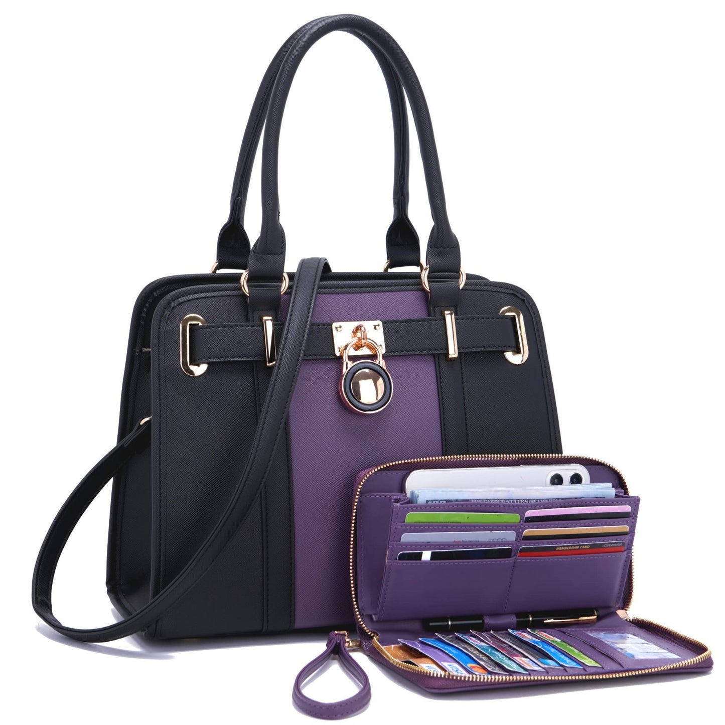 Stylish Women's Structured Satchel Tote Handbag Set with RFID Wallet - Fashion P1