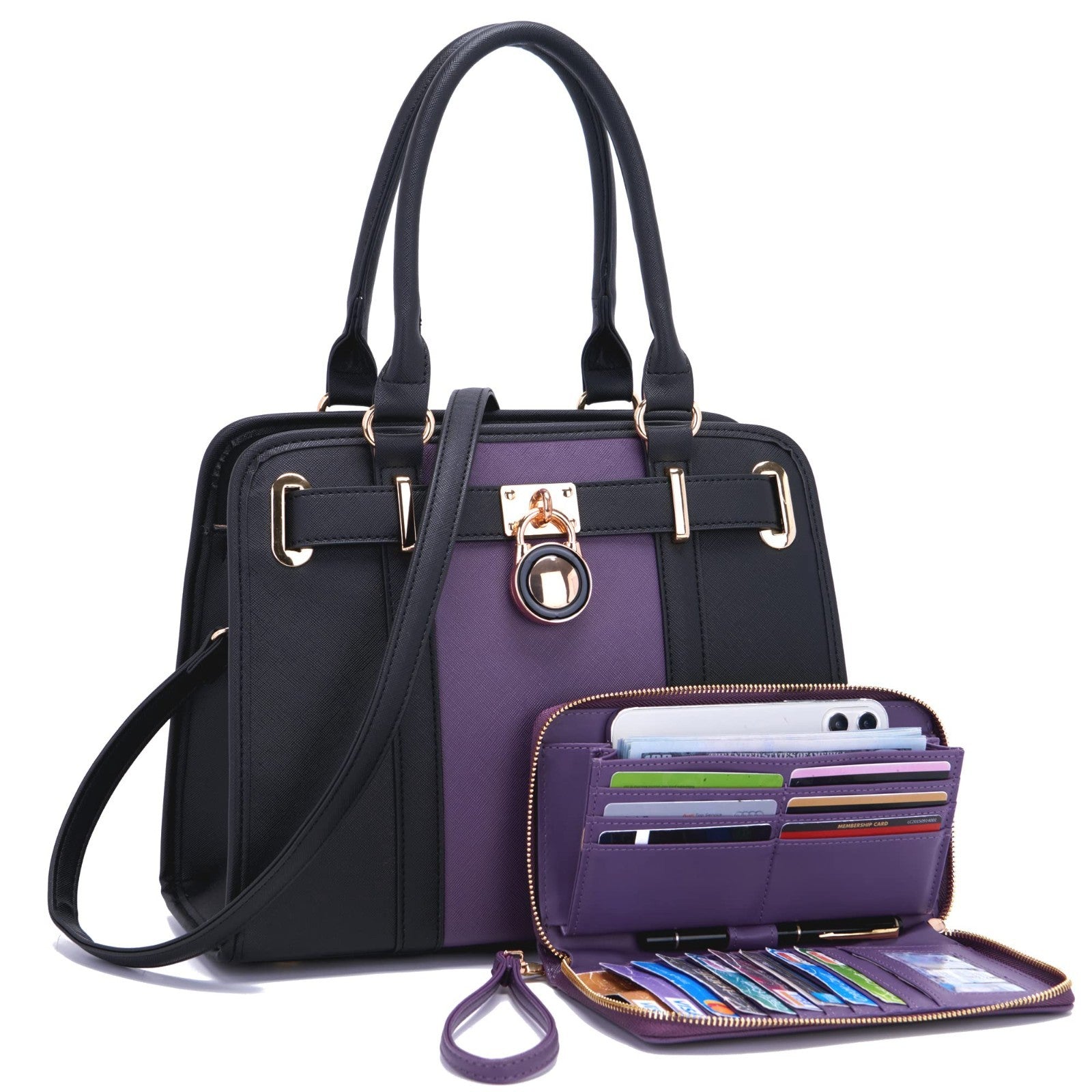 Stylish Women's Structured Satchel Tote Handbag Set with RFID Wallet - Fashion P1