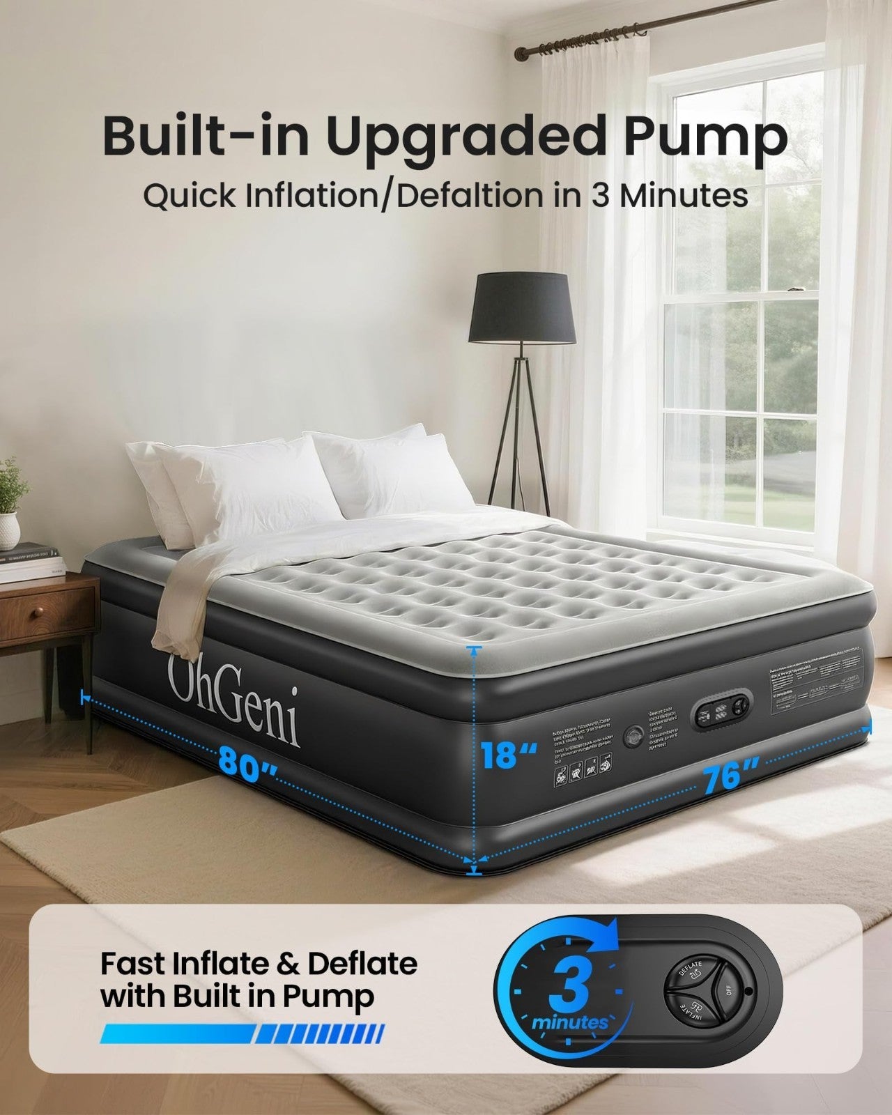 King Size Air Mattress with Built in Pump, 18" Inflatable Bed, 1000lb Capacity,4