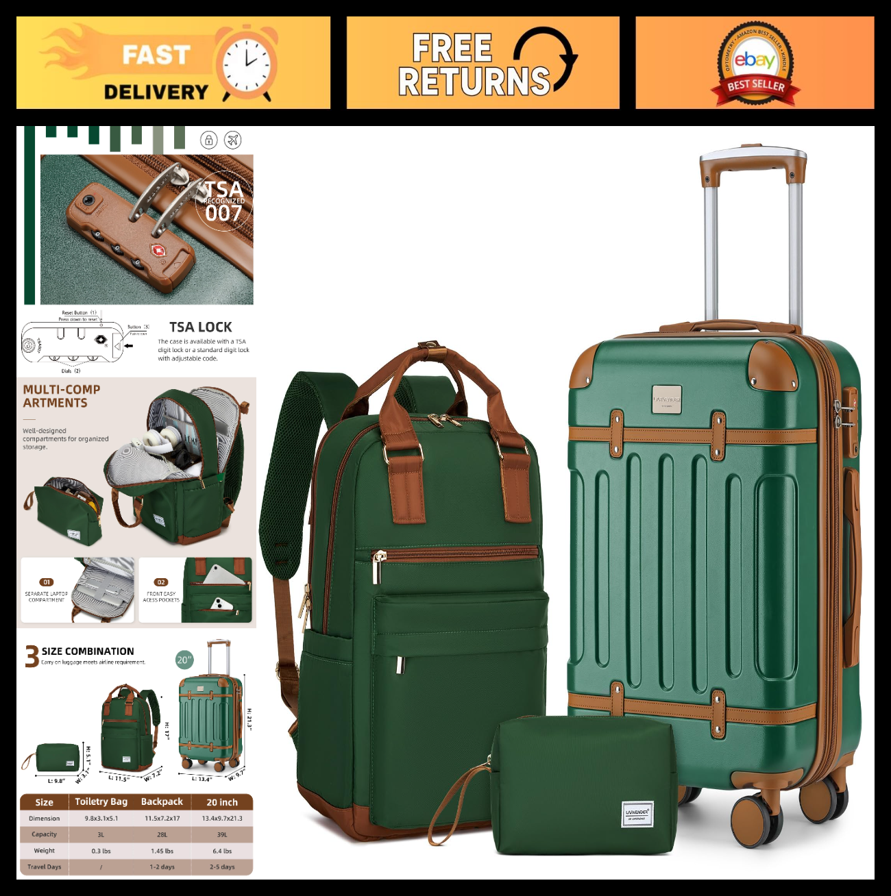 Expandable 3-Piece Carry-On Luggage Set, Green - Airline Approved, 360° Spinner0