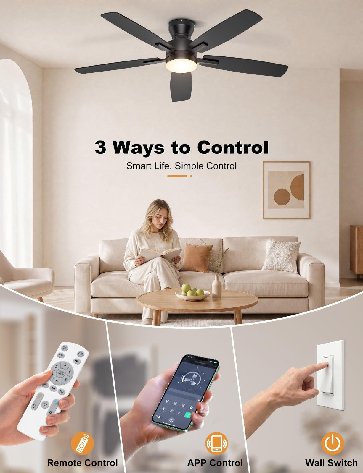 52" Low Profile Ceiling Fan with Lights, Remote/APP Control, Dimmable LED, Quiet7
