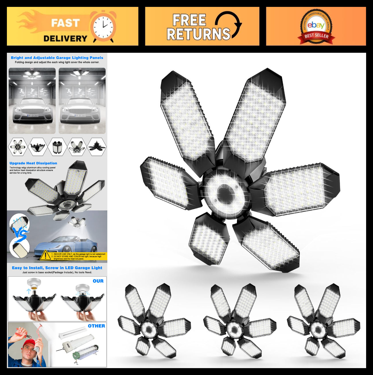 Super Bright 160W LED Garage Light   64000LM Deformable Panels for Workshop, Bas0
