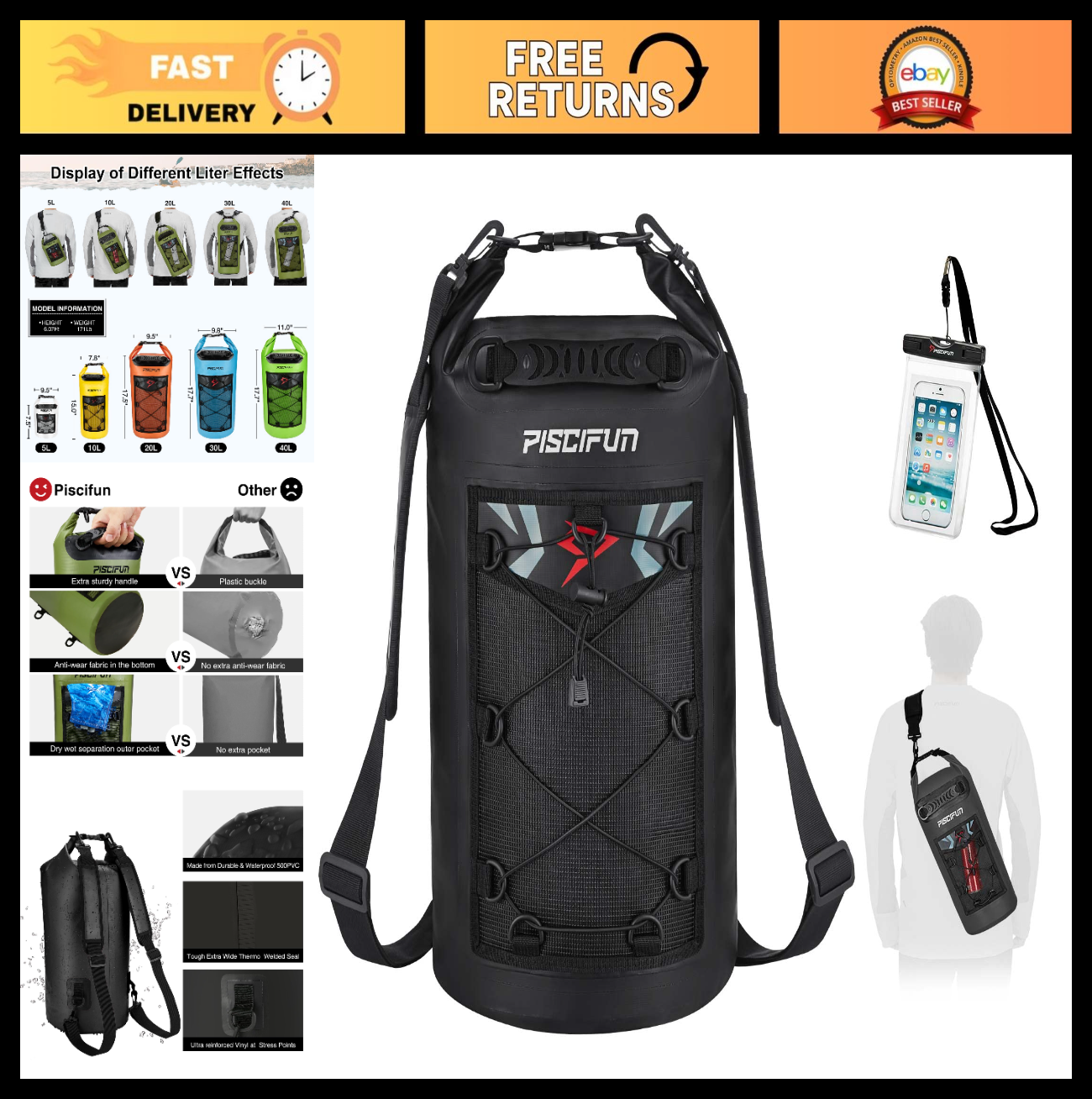Waterproof Floating Dry Bag Backpack 10L/20L/30L/40L + Phone Case for Kayaking,0