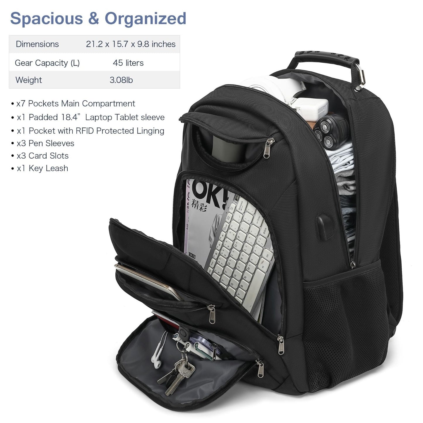 Extra Large 37L Laptop Backpack for Men, 18.4" Gaming Travel Bag with USB Port,4