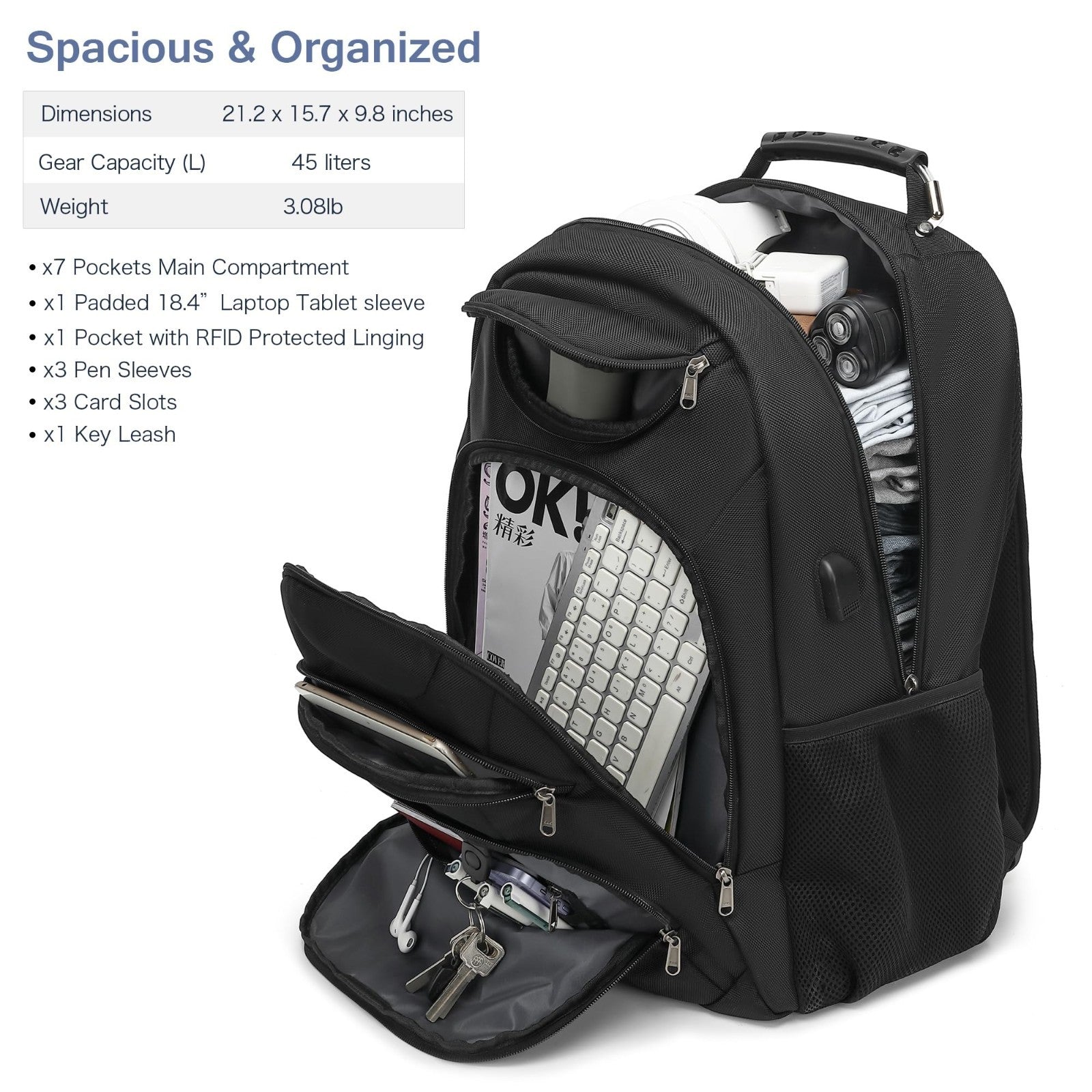Extra Large 37L Laptop Backpack for Men, 18.4" Gaming Travel Bag with USB Port,4