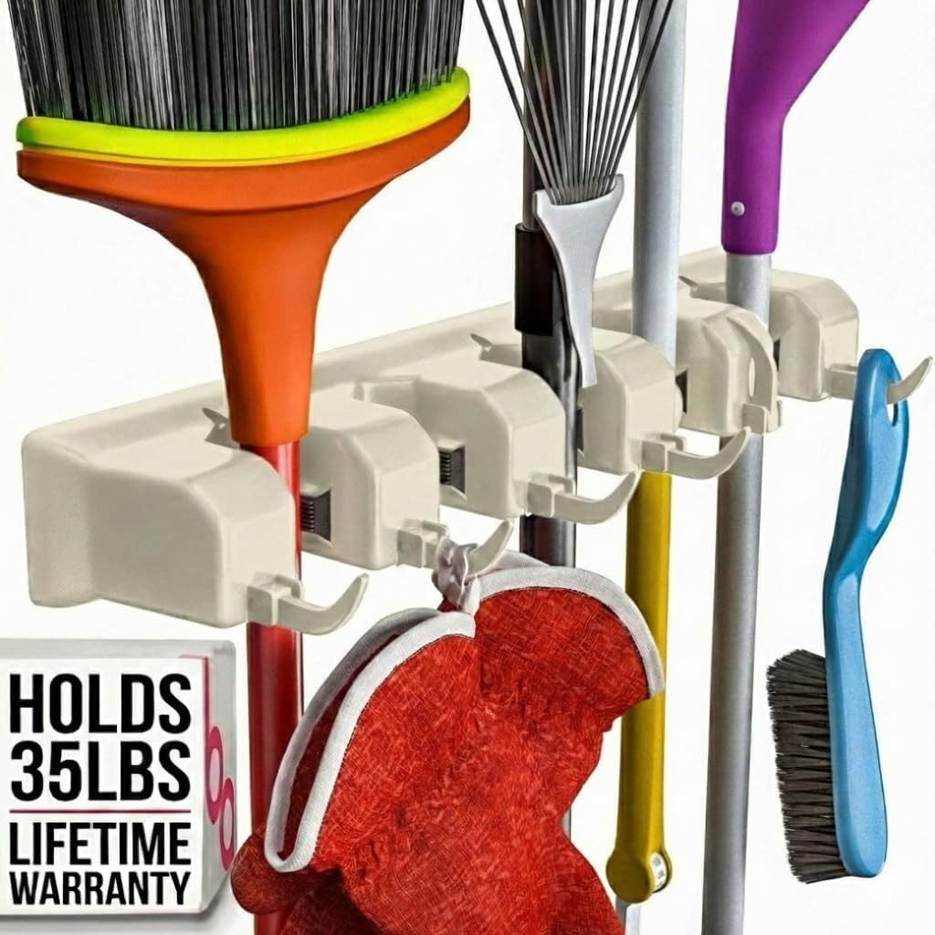 Wall Mounted Broom Holder & Mop Organizer Rack - 5 Slots, 6 Hooks for Garage, Ki1