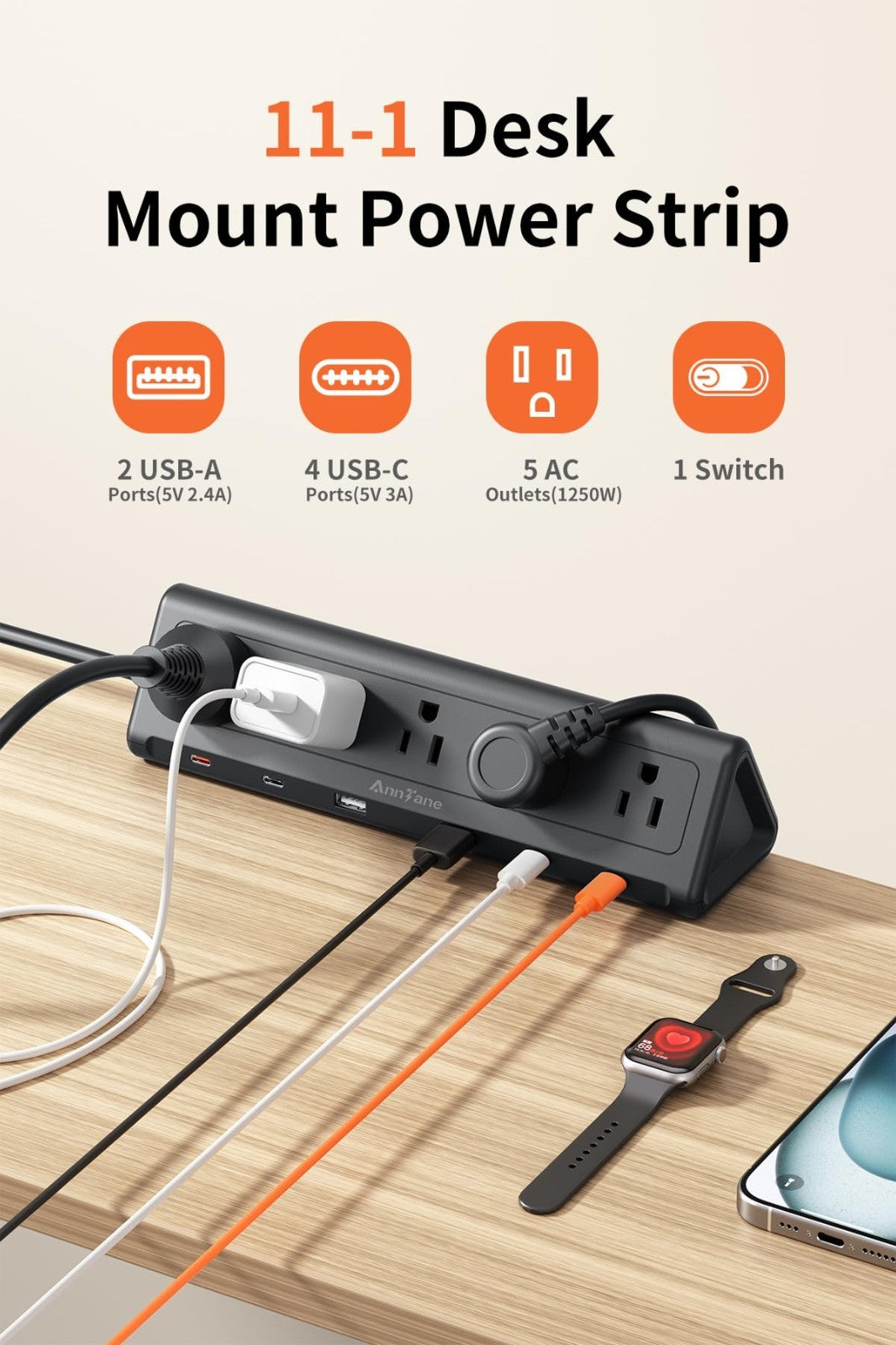 10FT Desk Clamp Power Strip, 5 AC Outlets, 6 USB Ports, PD 40W Fast Charging, Bl2