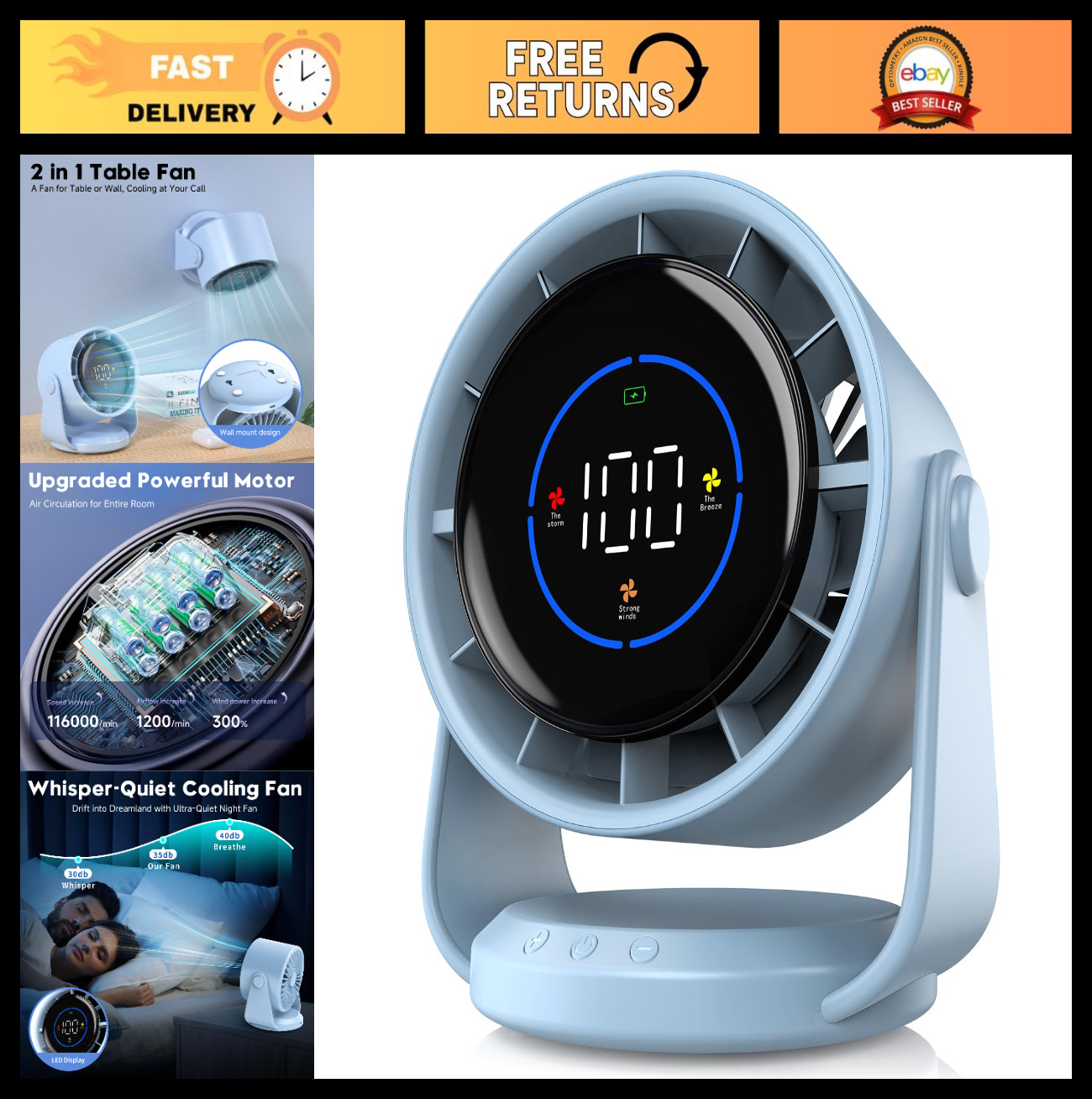 Turbo Table Desk Fan   100 Speed Digital Display, Low Noise, 105° Tilt, Recharge0