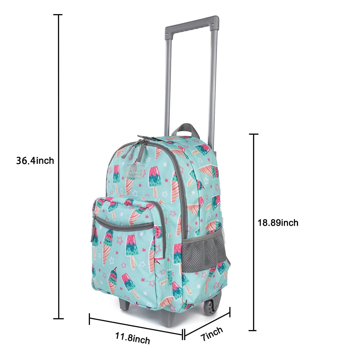 Wheeled Kids Backpack 18" with Lunch Bag, Double Handle, Ice Cream Green, Girls2