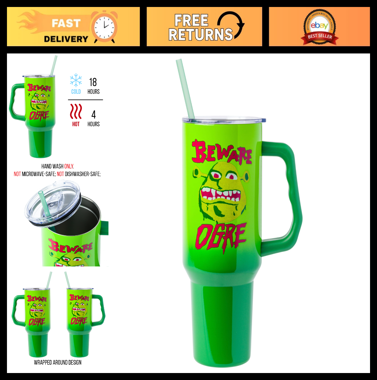 40oz Stainless Steel Tumbler with Handle   Shrek 'Beware Ogre' Design, Fits Cup0
