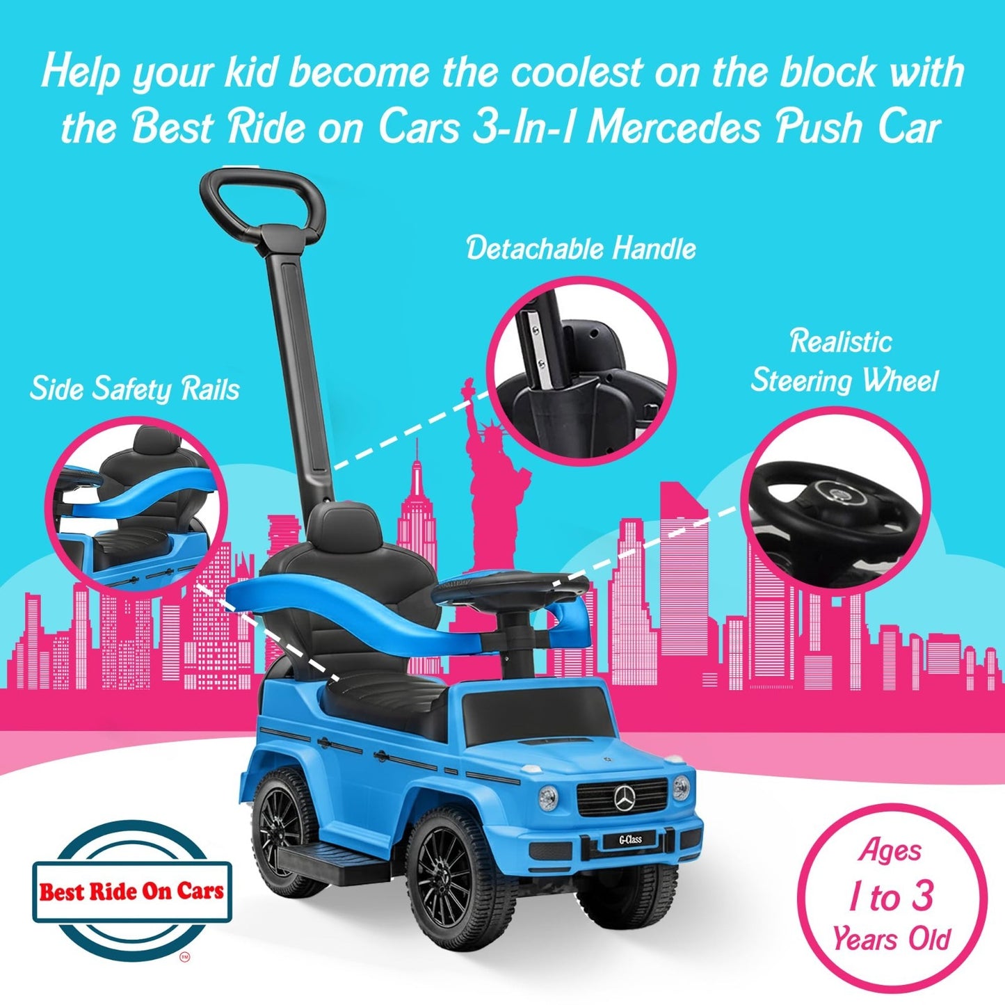 3-in-1 Kids Push Car Stroller, Mercedes G-Wagon, Detachable Handle, Safety Rails3