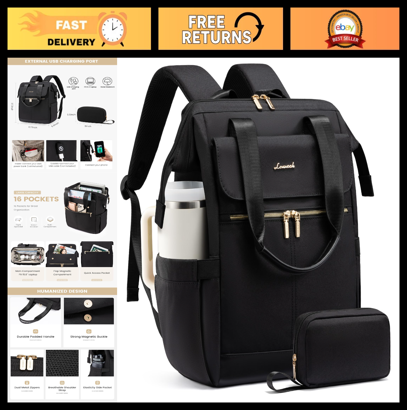 Stylish 15.6" Laptop Backpack for Women, USB Port, Waterproof Travel Bag, 2PCS0