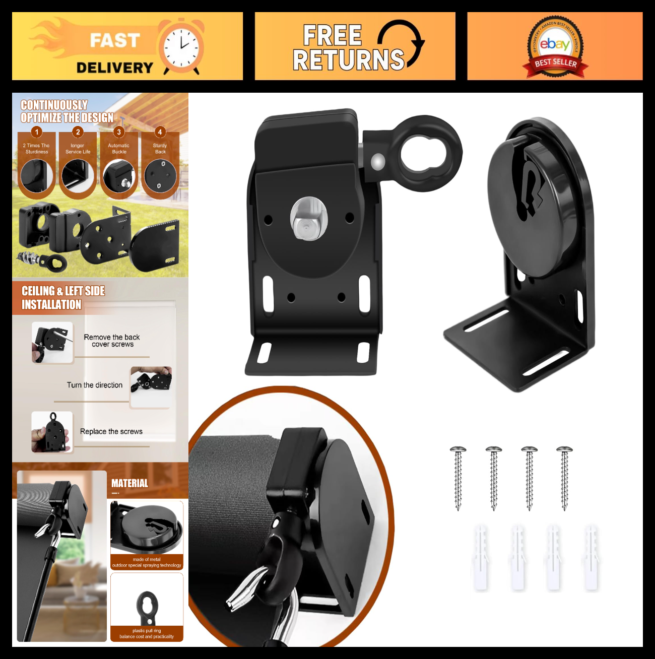 Cordless Crank Kit for Roller Blinds, Outdoor Shade Mounting Bracket, Black0