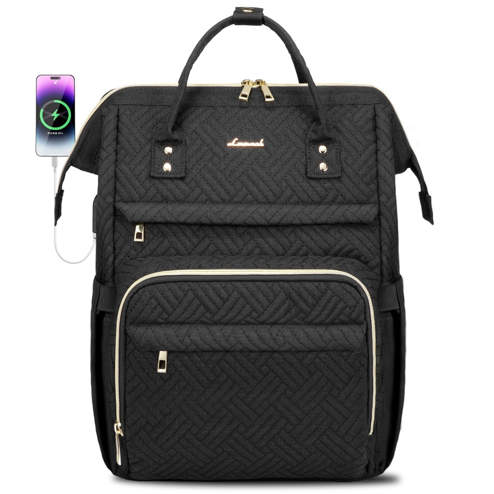 Stylish 17" Laptop Backpack for Women   Waterproof Travel Bag with USB Port, Bla1