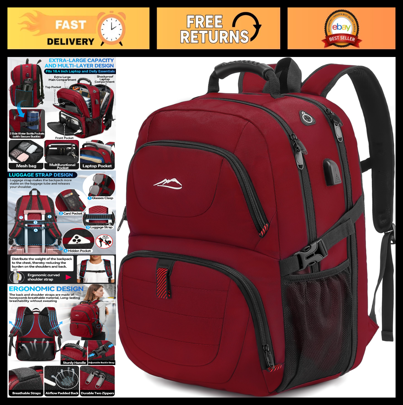 Extra Large Anti Theft Travel Backpack for 18.4" Laptop, USB Charging, College &0