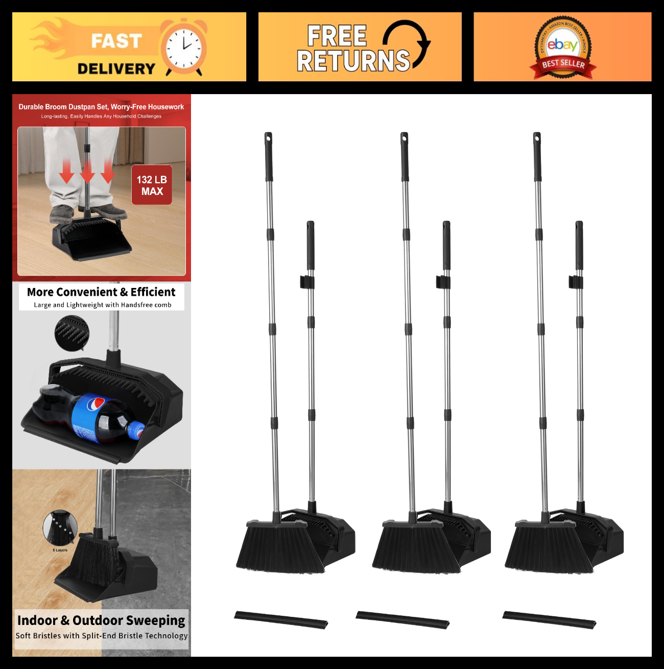 3-Pack Commercial Broom & Dustpan Set, 51'' Long Handle, Self-Cleaning Teeth, Id0