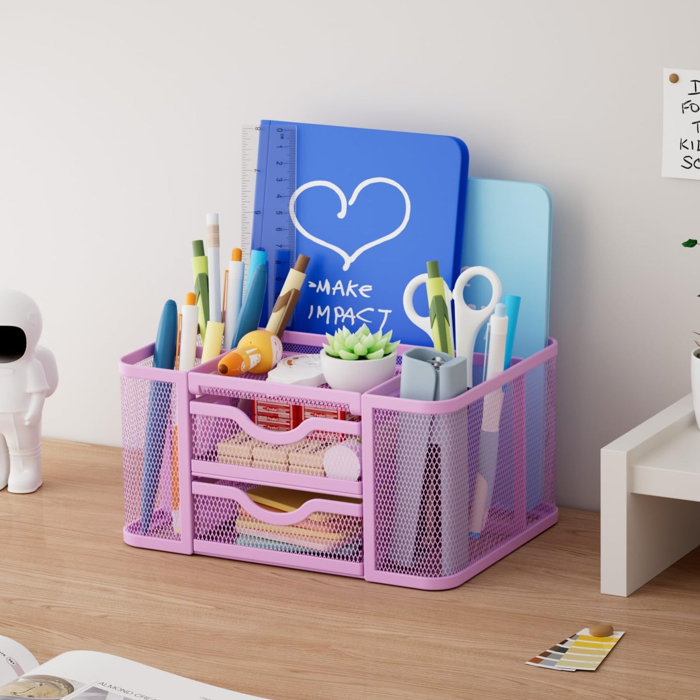 Multi Functional Mesh Desk Organizer with 2 Drawers, 5 Compartments, Purple2