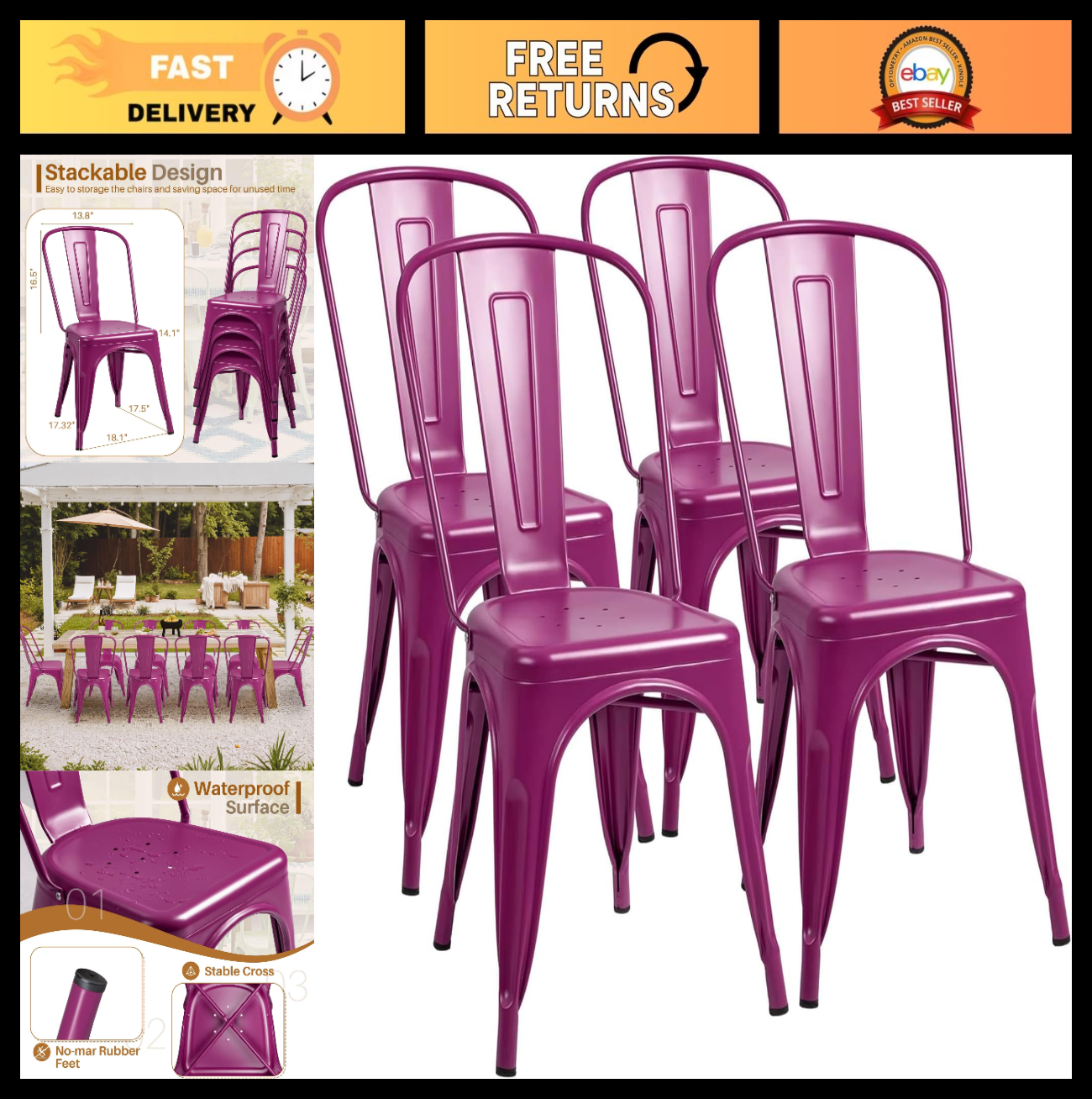 Stackable Metal Dining Chairs Set of 4   Indoor Outdoor Bistro Cafe Side Chairs0