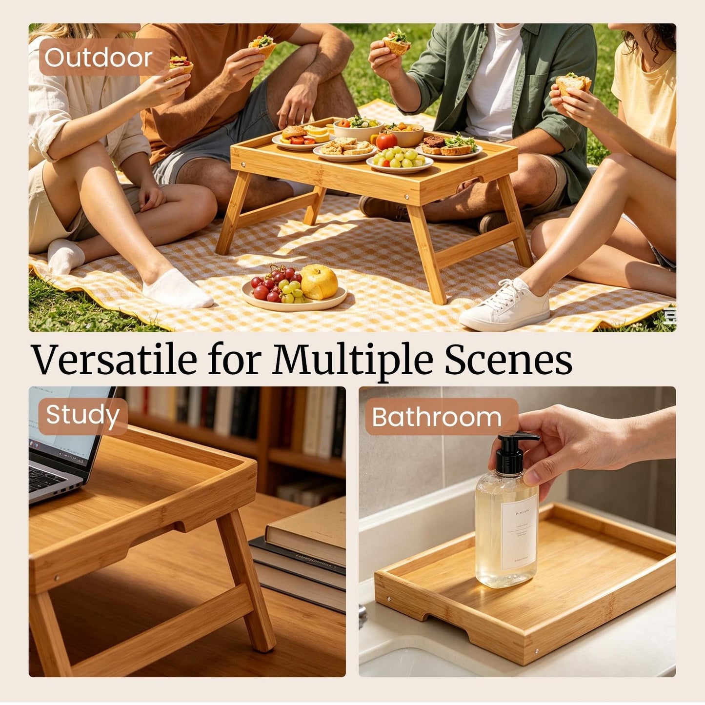 2 Pack Bamboo Folding Bed Tray Tables - Breakfast & Snack Serving Trays, Laptop4