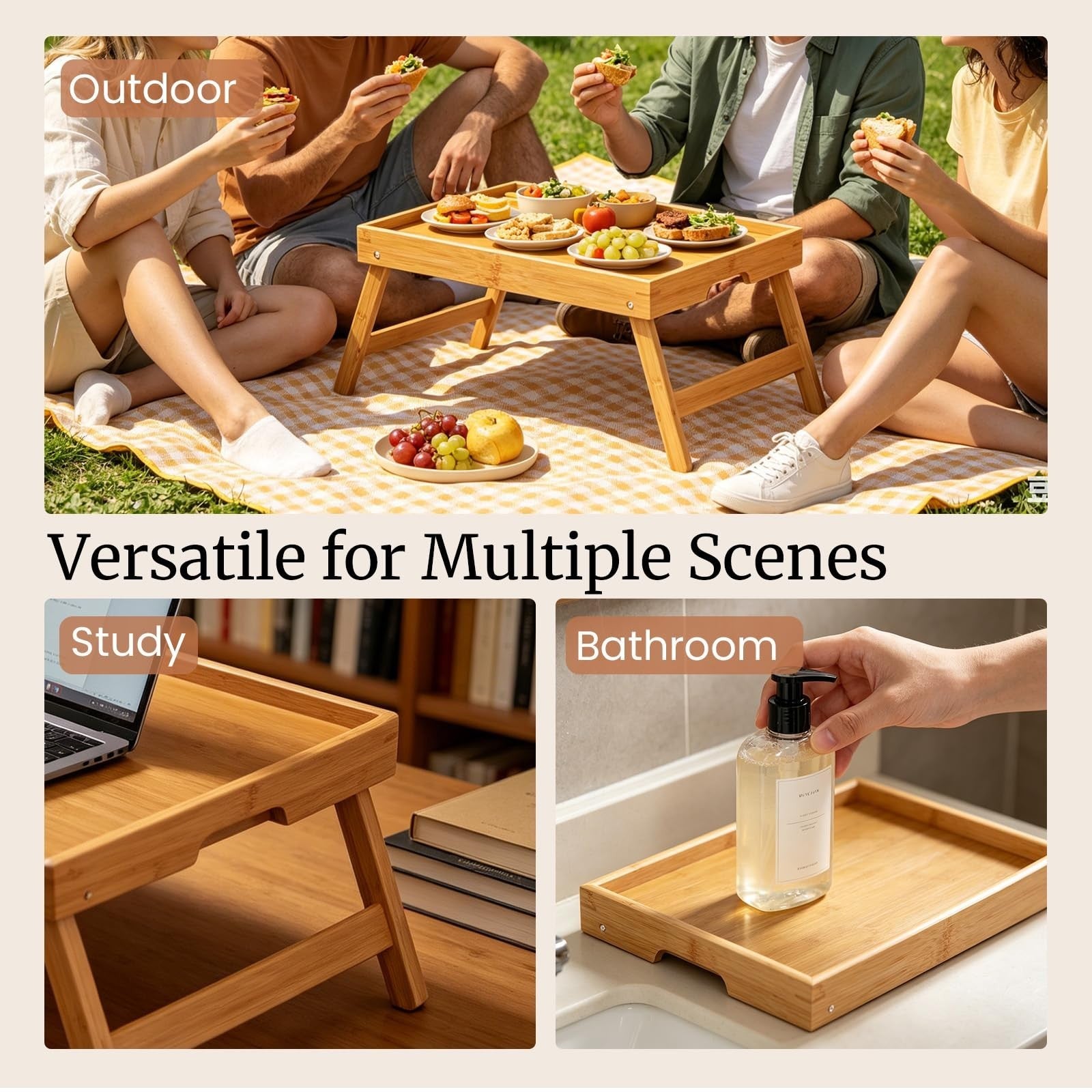 2 Pack Bamboo Folding Bed Tray Tables - Breakfast & Snack Serving Trays, Laptop4