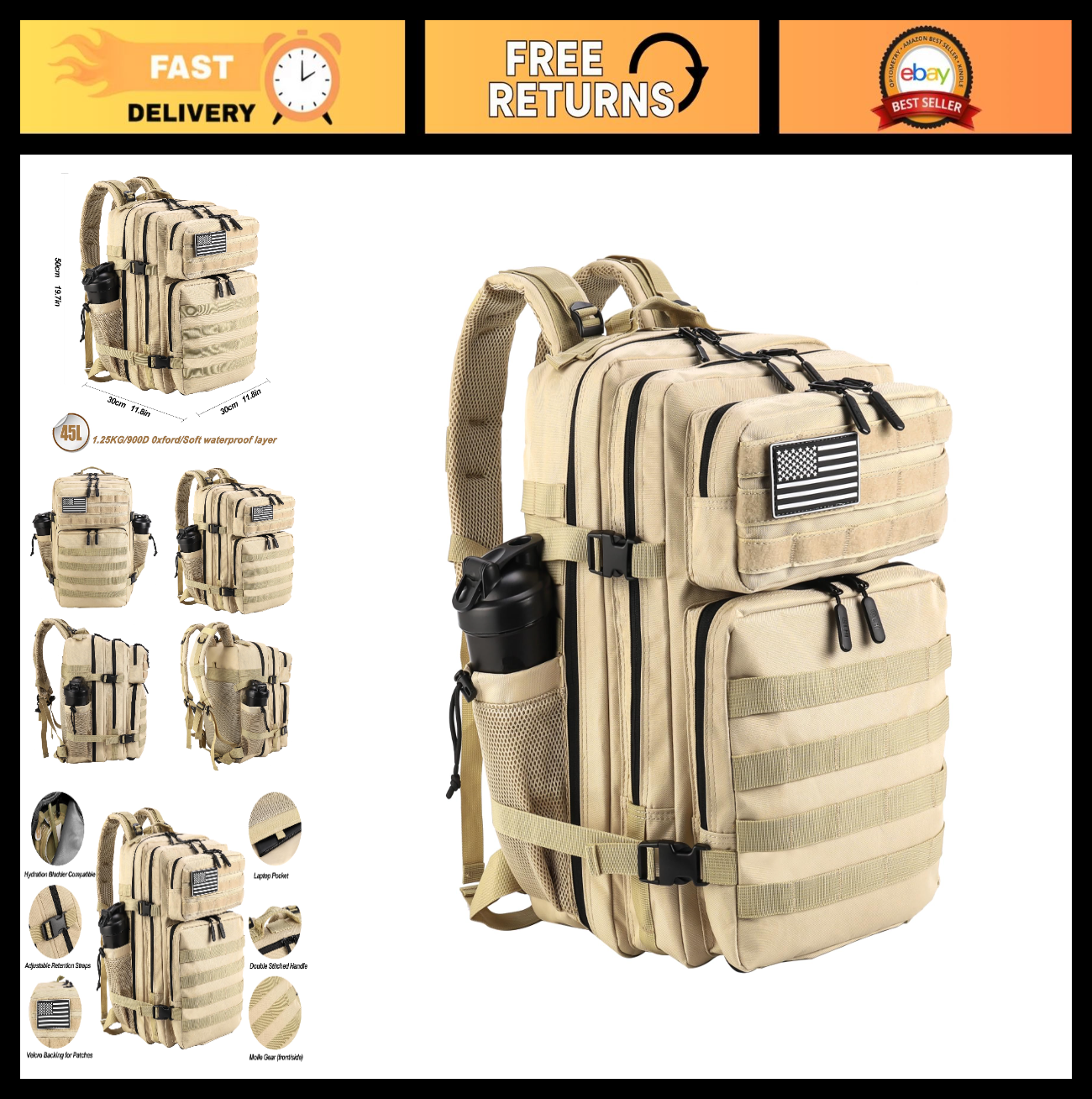 Tactical Military Backpack 45L Assault Pack Rucksack for Men & Women, Molle Syst0