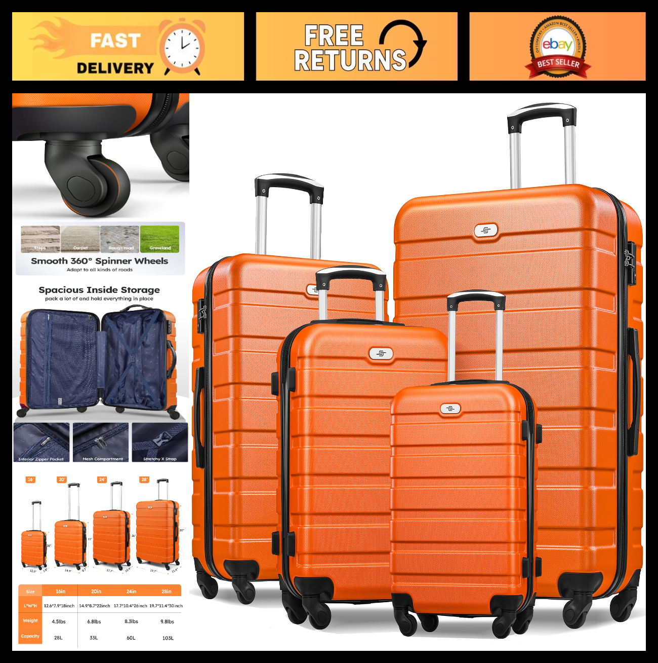 4-Piece Hard Shell Luggage Set with Spinner Wheels - 16" 20" 24" 28" Travel Suit0