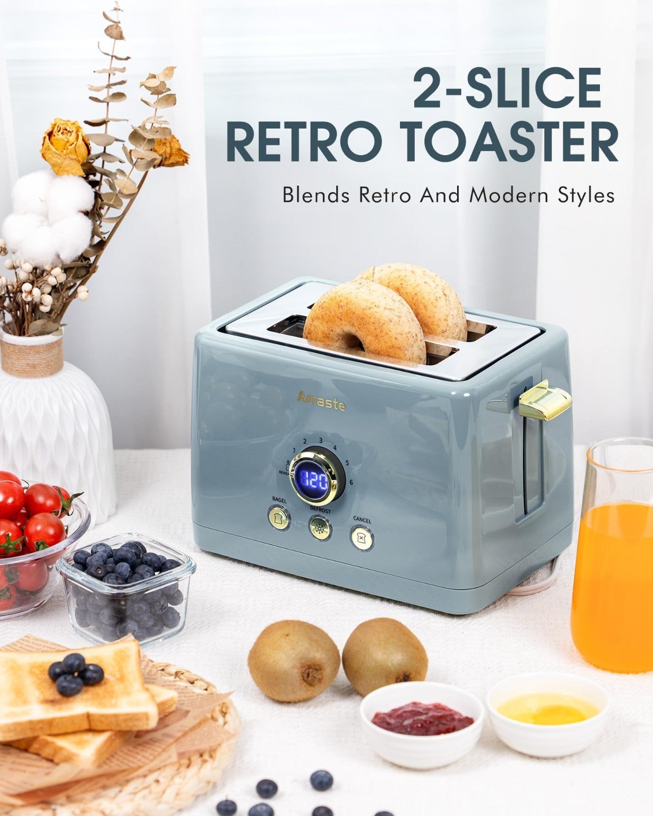 Retro 2 Slice Toaster with LED Timer, Extra Wide Slots, 6 Shade Settings, Bagel3