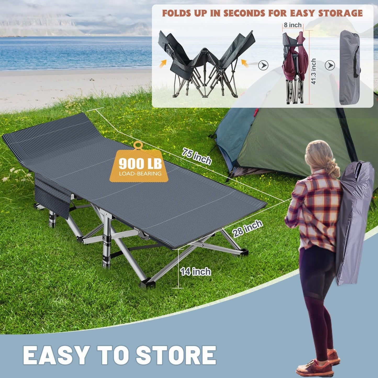 Folding Camping Cot for Adults, 28" Wide Padded Bed, 880 lbs Capacity, Carry Bag5