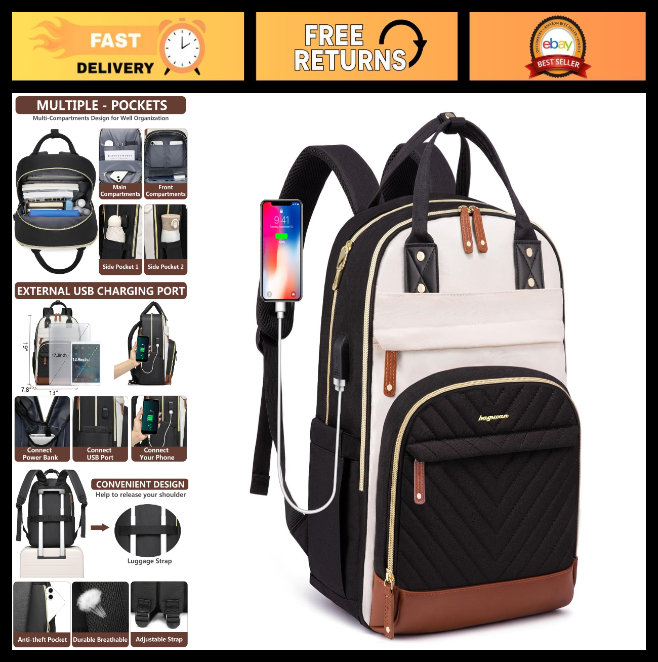Stylish Laptop Backpack for Women   17.3" Travel Work Bag with USB Charging Port0