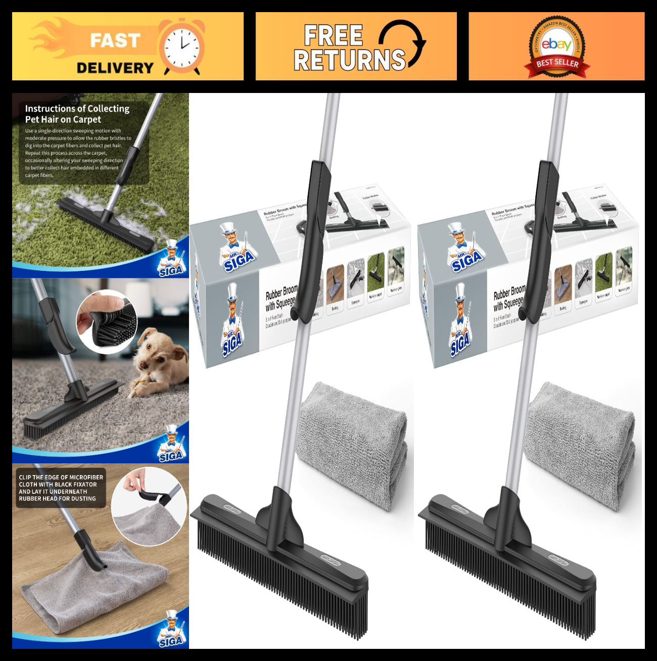 Pet Hair Removal Rubber Broom with Squeegee, 3-in-1 Floor Brush, Adjustable Hand0