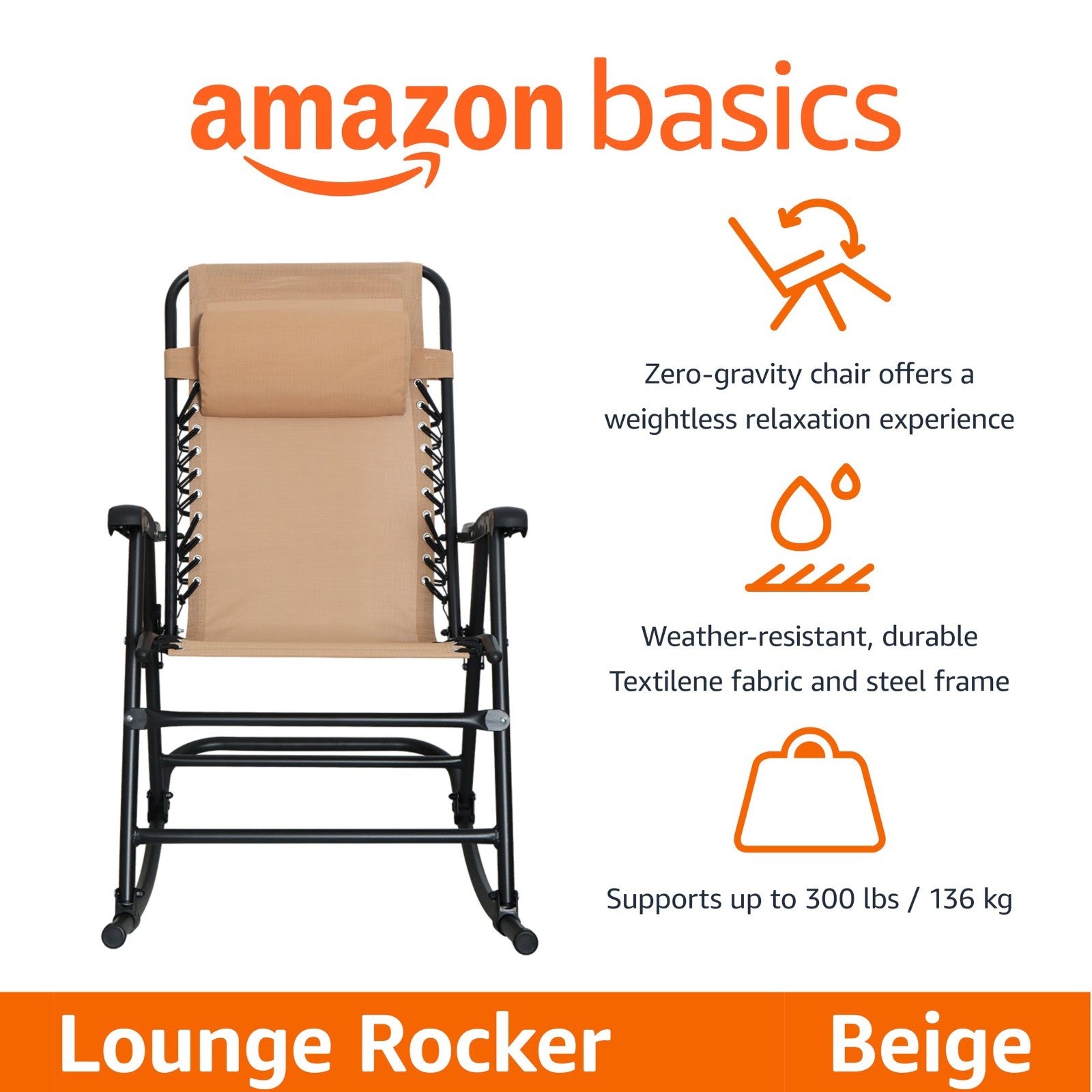 Outdoor Portable Folding Rocking Chair with Headrest, Ergonomic, Weather Resista3