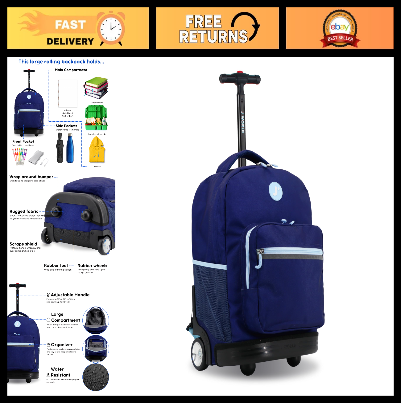 Kids Rolling Backpack with Wheels, School Roller Bookbag for Girls & Boys, Navy0