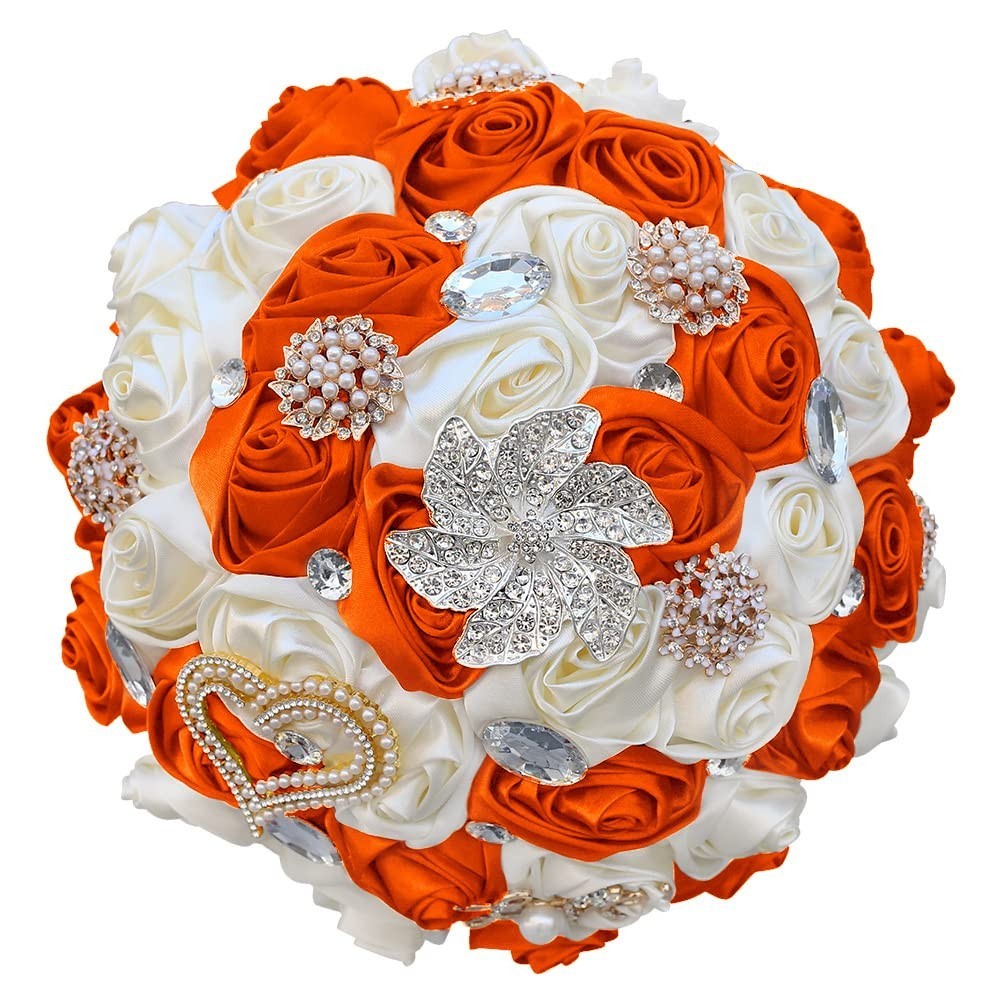 Handmade Satin Rose Bridal Bouquet - 8.3" Round Wedding Toss Flowers, Orange & I0