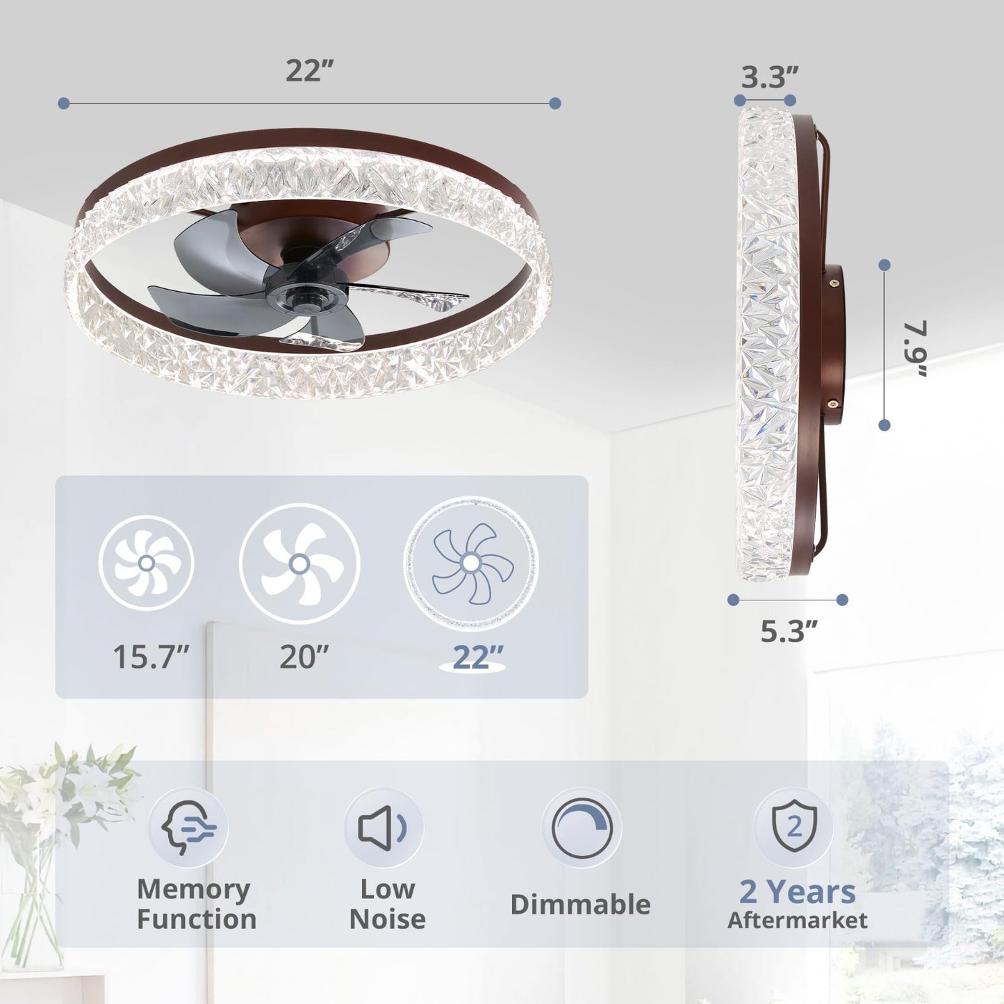 22" LED Ceiling Fan with Lights & Remote   Dimmable, 6 Speeds, Flush Mount, Time2
