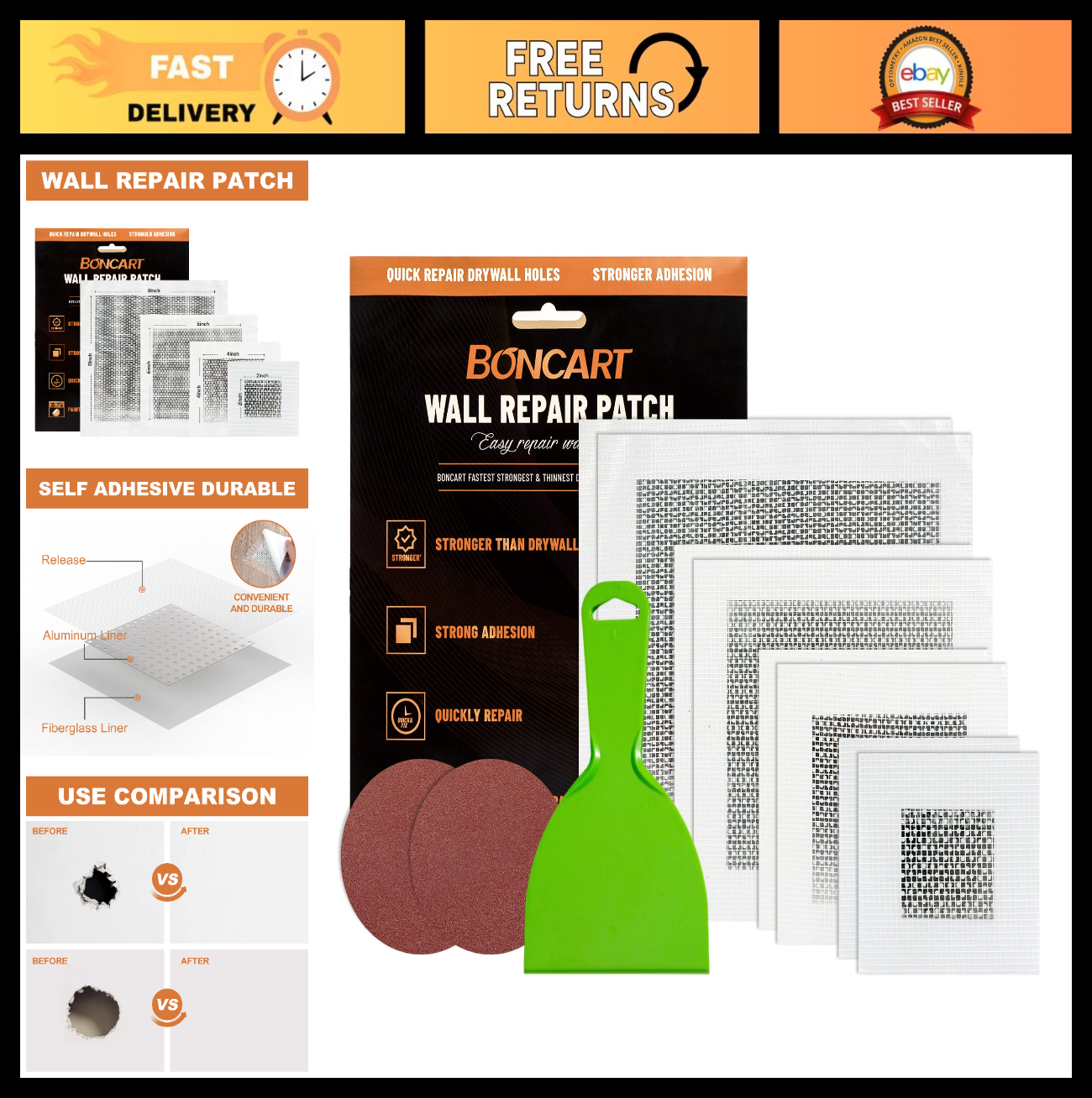 Self Adhesive Drywall Repair Patch Kit   2" to 8" Sizes for Quick Hole Fixes, Me0