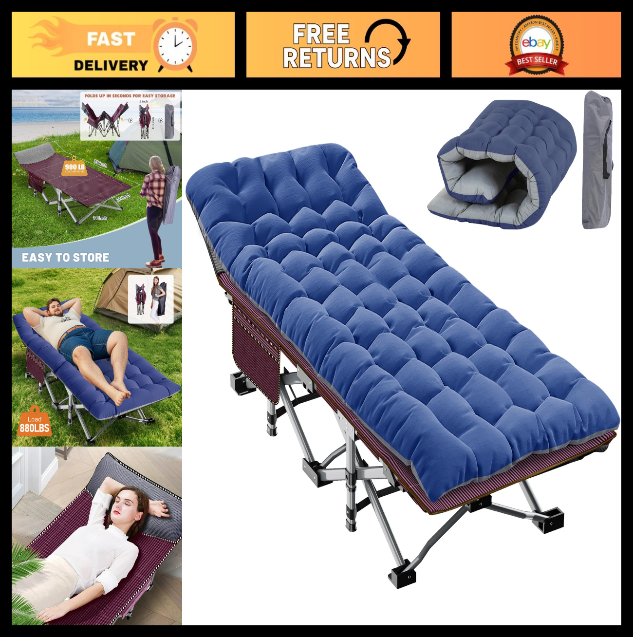 Folding Camping Cot for Adults   28" Wide, 880 lbs Capacity, Padded with Carry B0